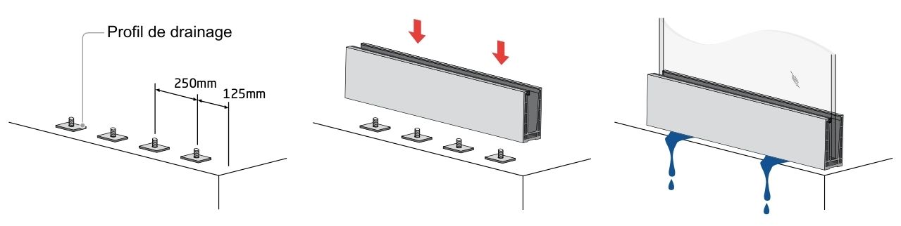 Schéma d'installation du système de drainage - garde corps terrasse GLASSFIT 1401